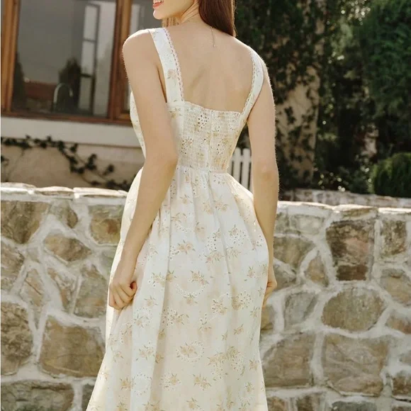 Women's Cream Floral Midi Sundress with Square Neck - Picture 2 of 6